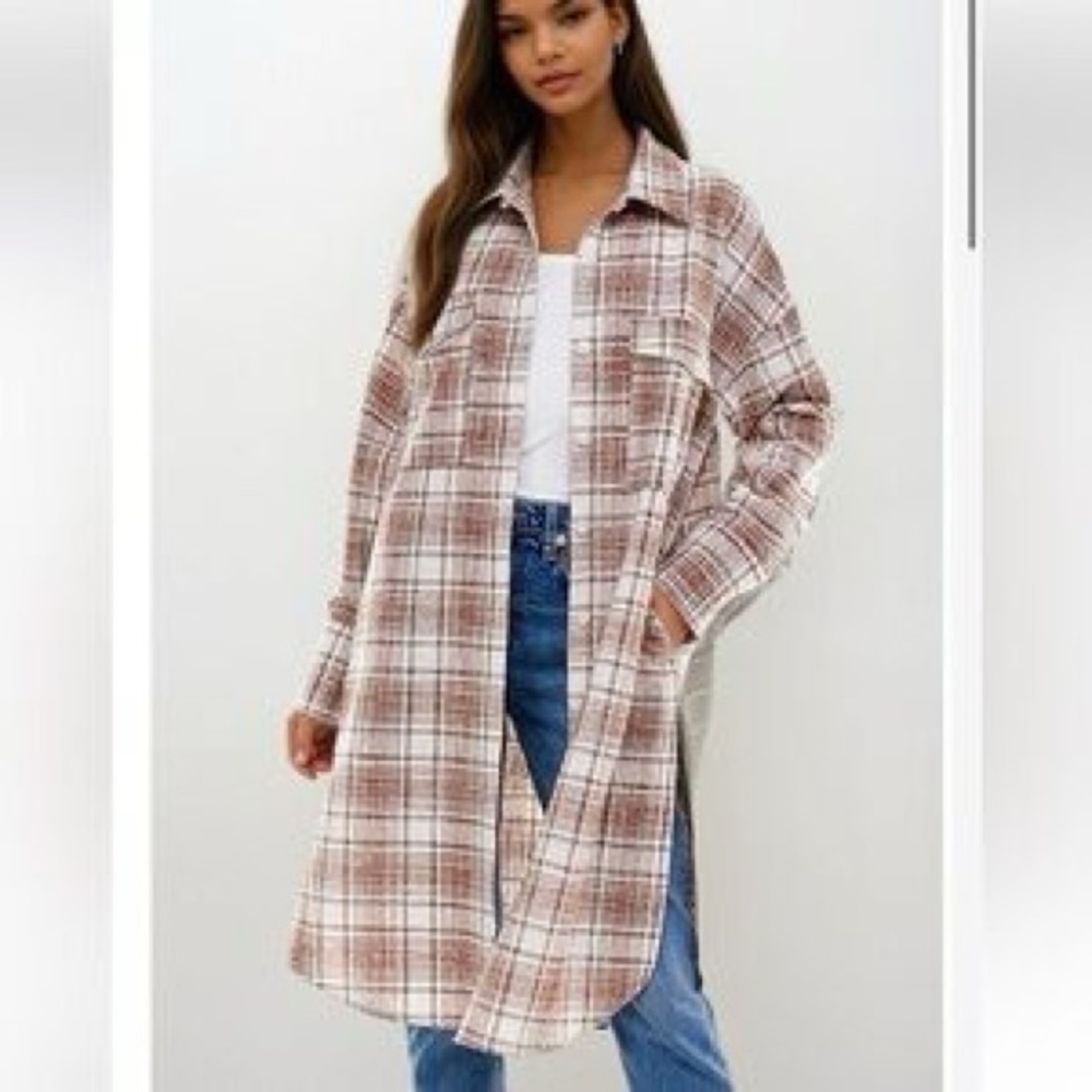 ACOA Women's Brown Plaid Long Shacket EUC Small